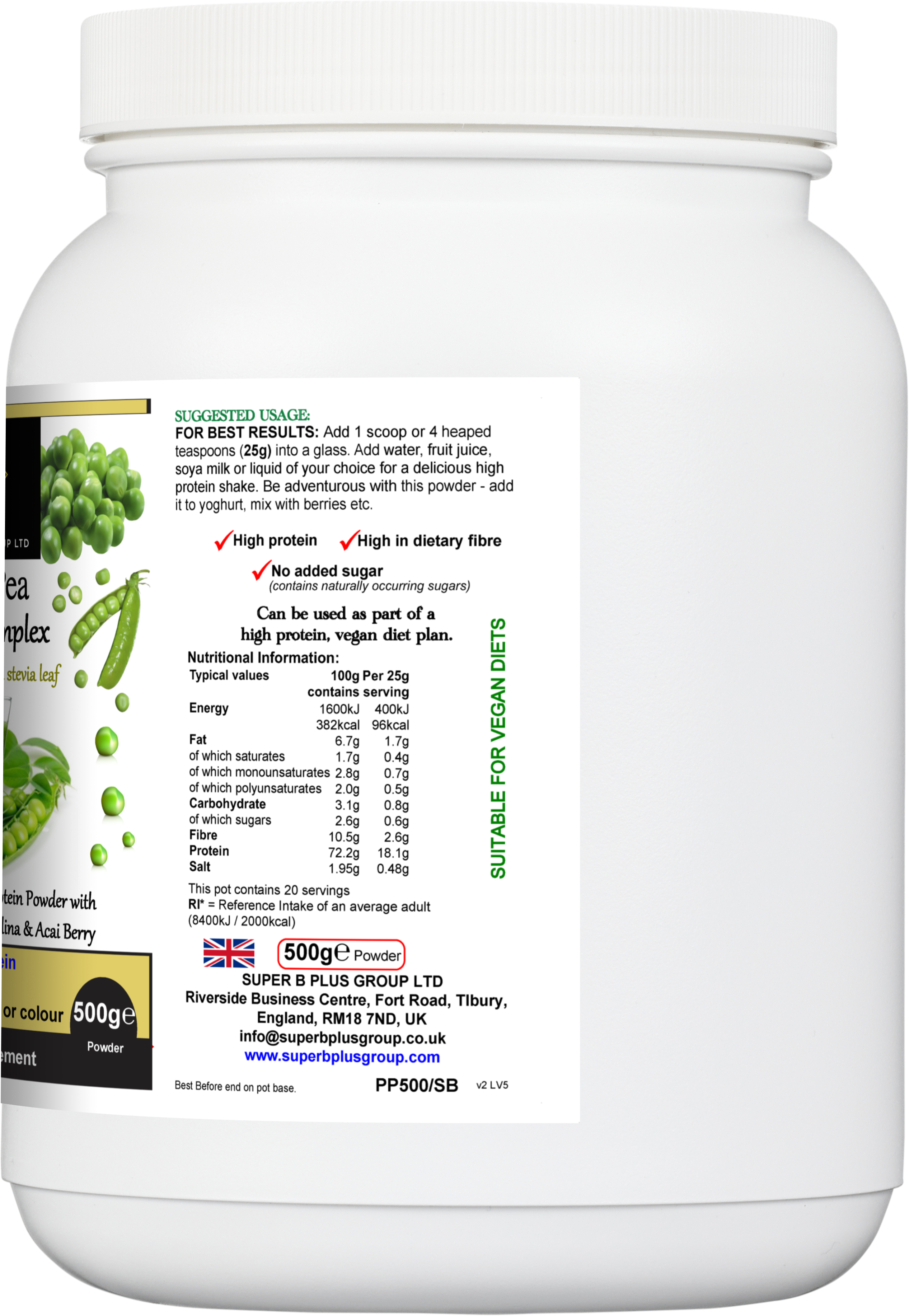 Tub of Super Pea Protein Complex plant-based dietary supplement powder by Super B Plus Group. — view 3