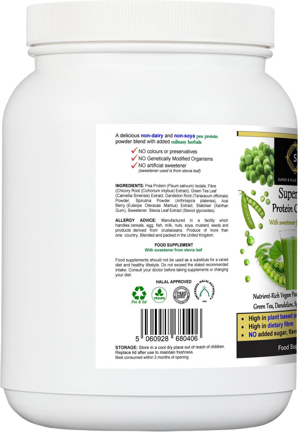 Tub of Super Pea Protein Complex plant-based dietary supplement powder by Super B Plus Group. — view 4
