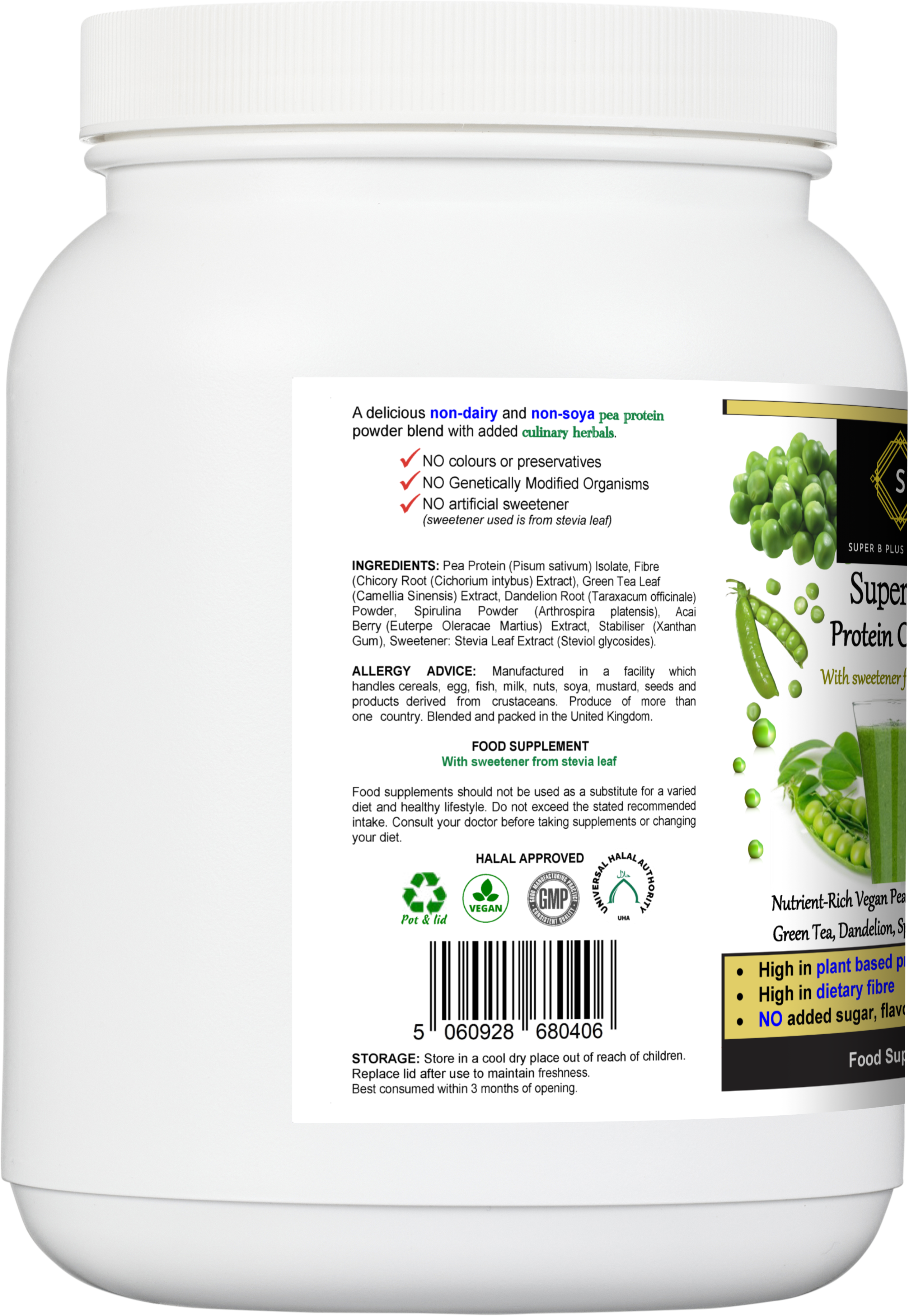 Tub of Super Pea Protein Complex plant-based dietary supplement powder by Super B Plus Group. — view 4