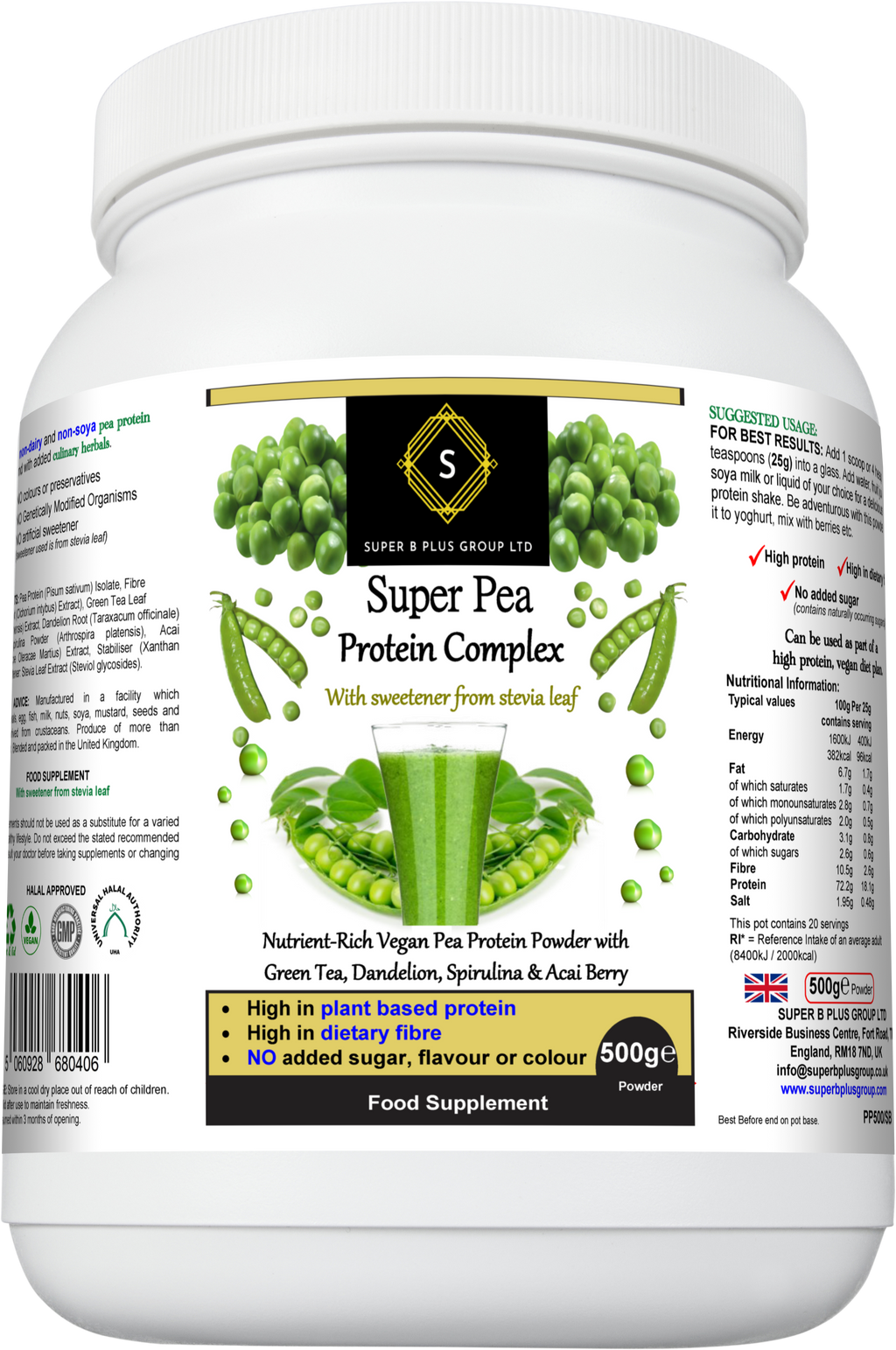 Tub of Super Pea Protein Complex plant-based dietary supplement powder by Super B Plus Group. — view 2