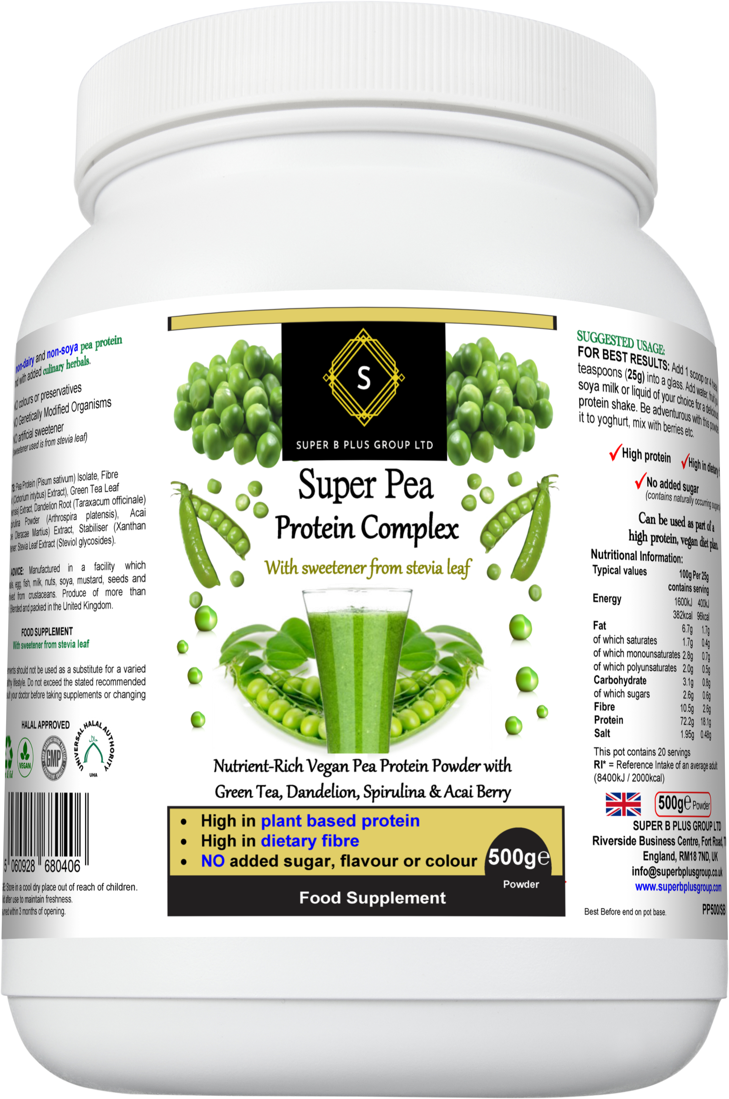 Tub of Super Pea Protein Complex plant-based dietary supplement powder by Super B Plus Group. — view 2