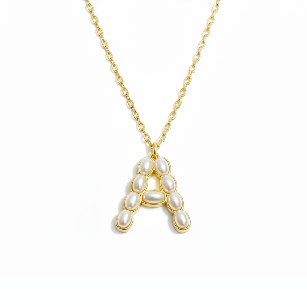 Pearl mosaic initial pendant necklace in 18k gold-plated brass with delicate pearl accents on chain — view 5