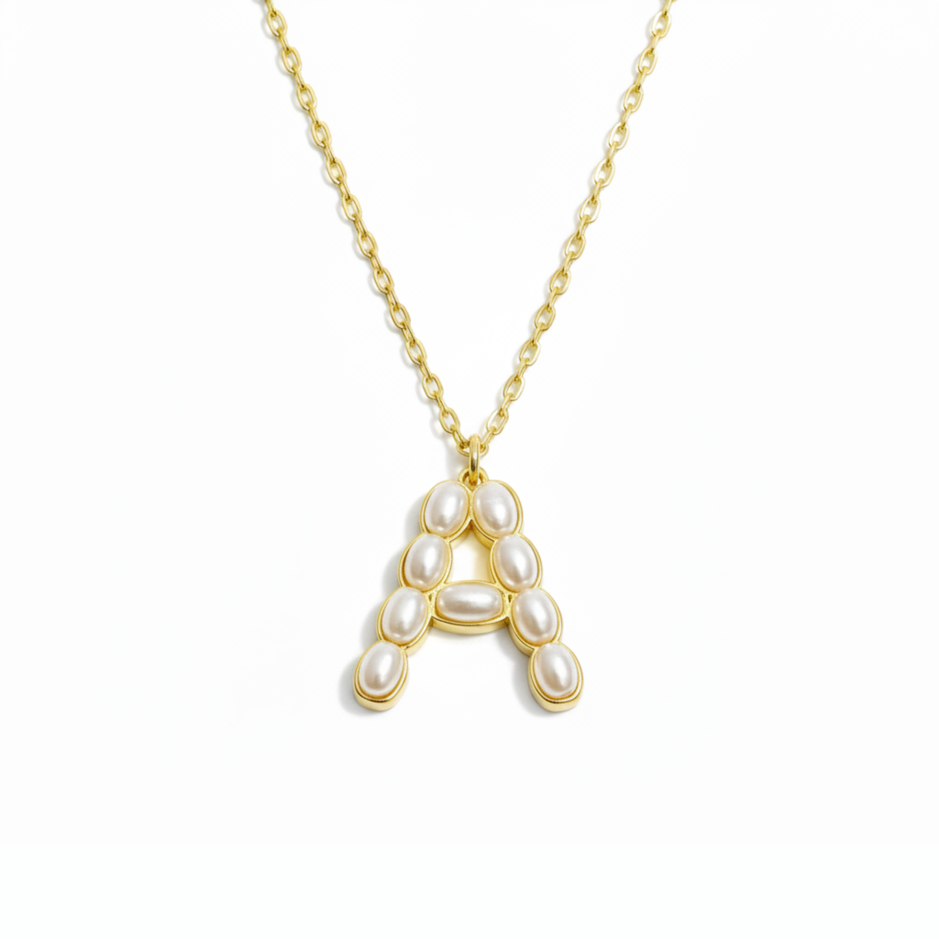 Pearl mosaic initial pendant necklace in 18k gold-plated brass with delicate pearl accents on chain — view 5
