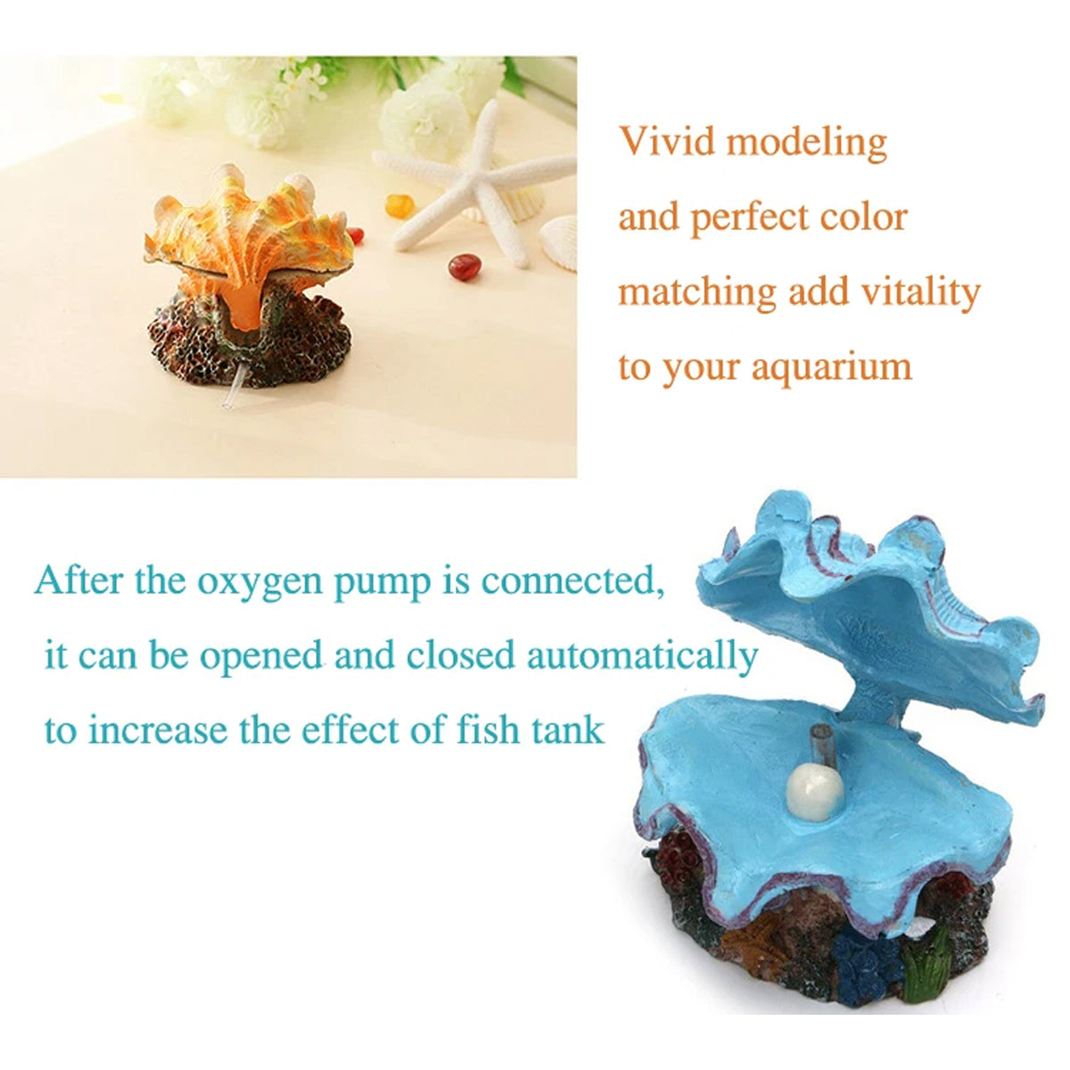 Animated pearl scallop aquarium ornament made of resin on a colourful decorative coral base — view 5