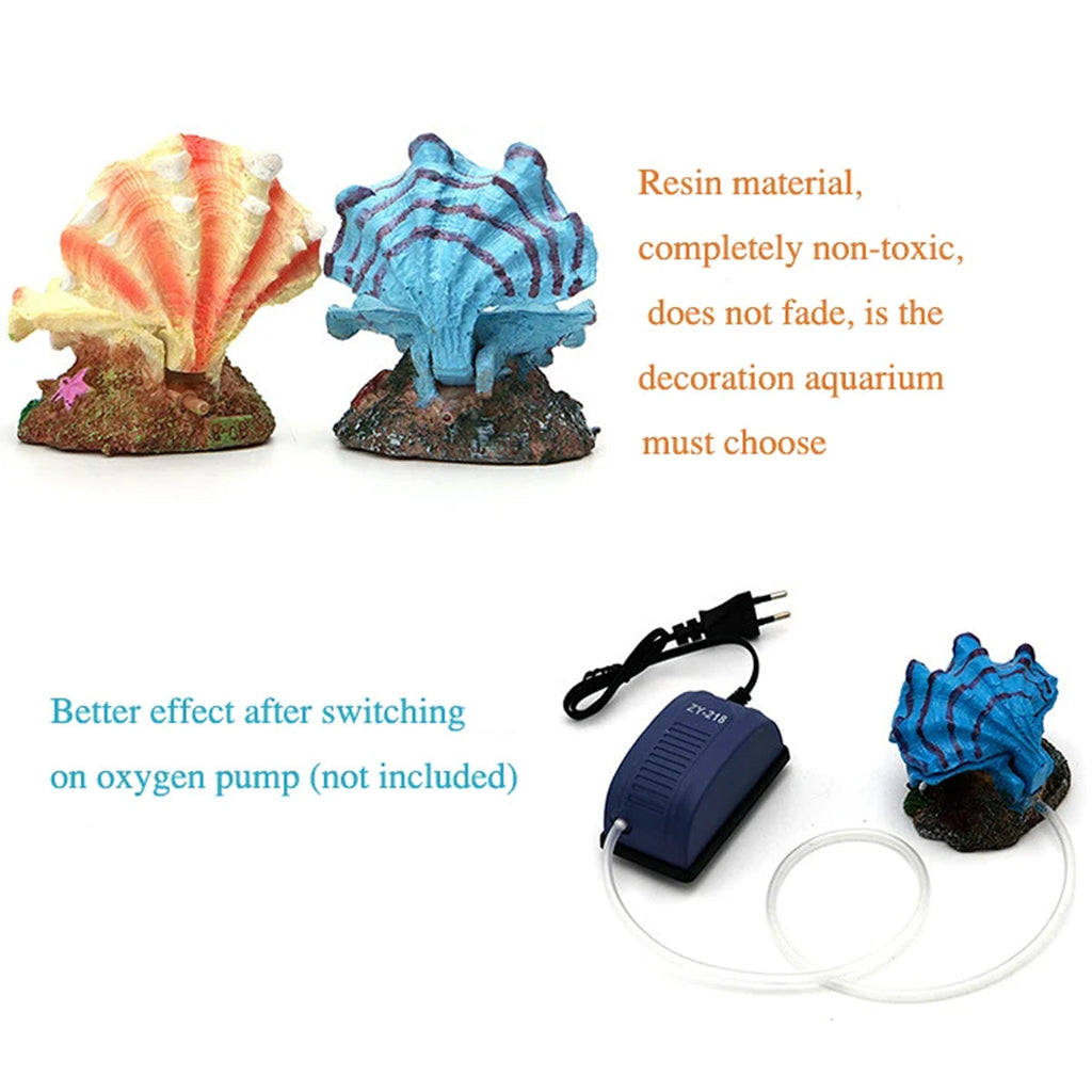 Animated pearl scallop aquarium ornament made of resin on a colourful decorative coral base — view 4
