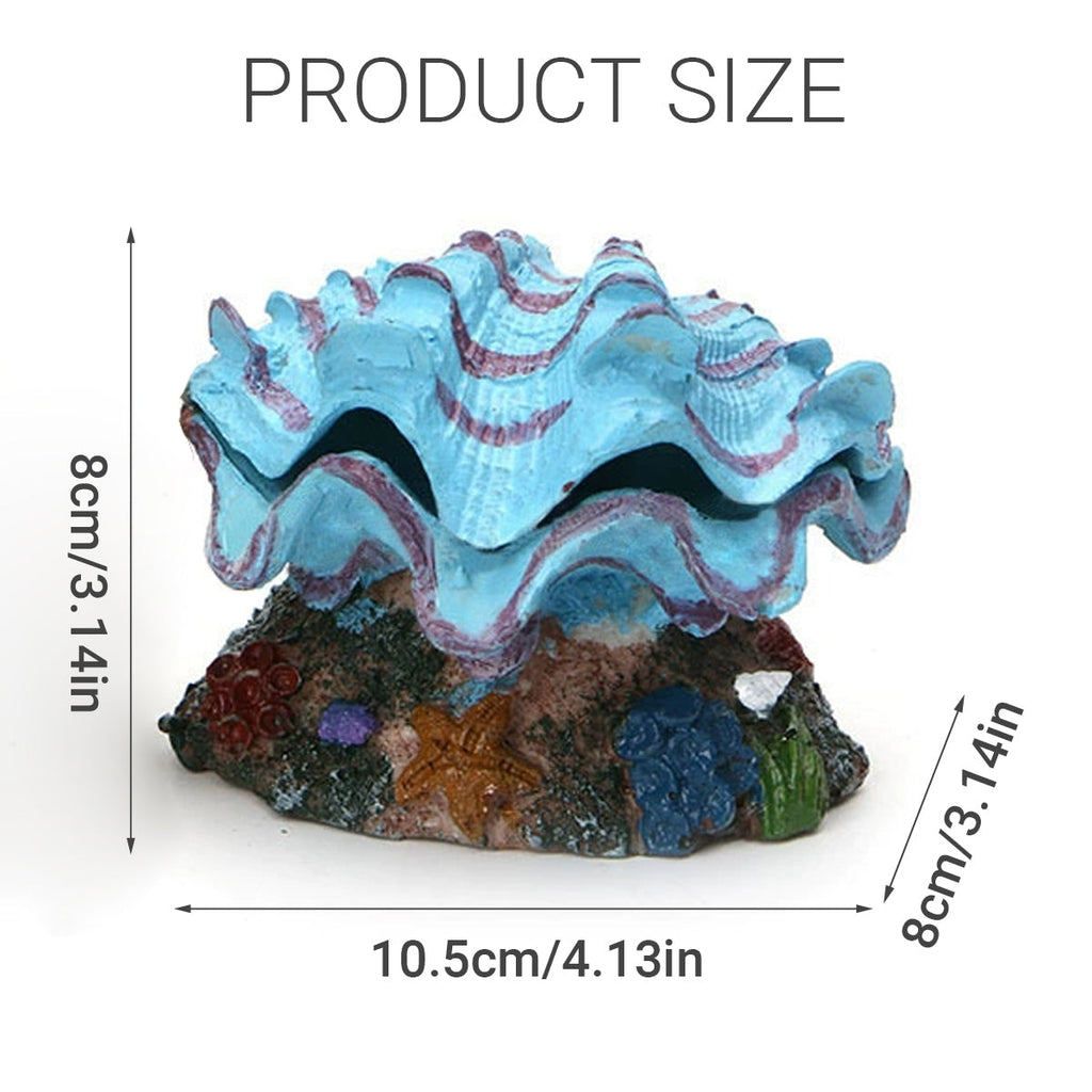 Animated pearl scallop aquarium ornament made of resin on a colourful decorative coral base — view 3