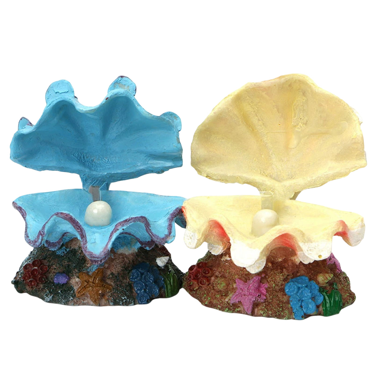Animated pearl scallop aquarium ornament made of resin on a colourful decorative coral base — view 2