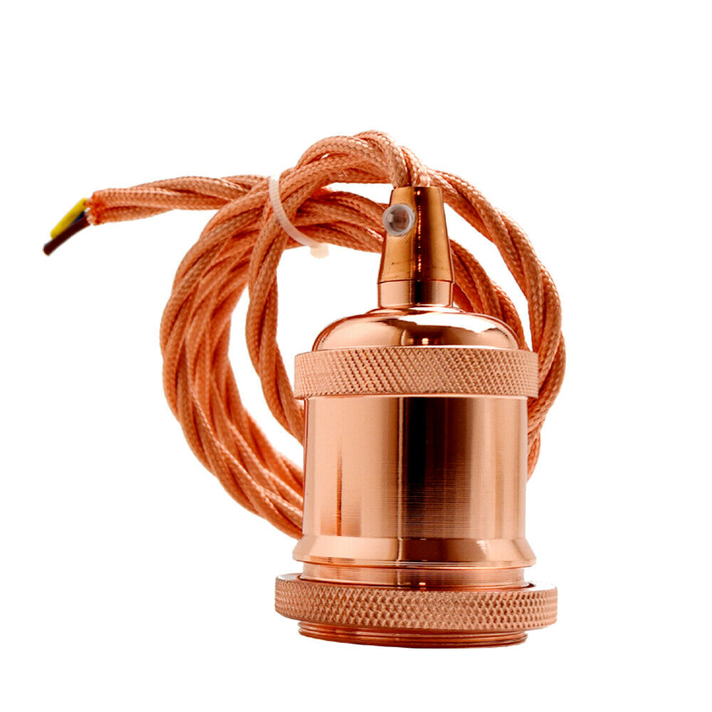 Rose gold E27 pendant light fitting with ceiling rose and twisted vintage fabric cable — view 3
