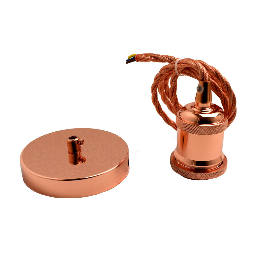 Rose gold E27 pendant light fitting with ceiling rose and twisted vintage fabric cable — view 4