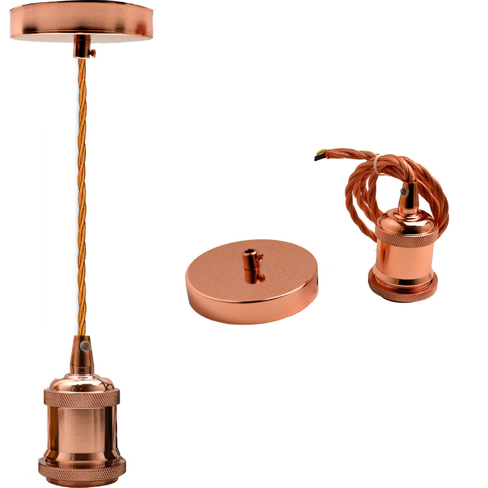 Rose gold E27 pendant light fitting with ceiling rose and twisted vintage fabric cable — view 2