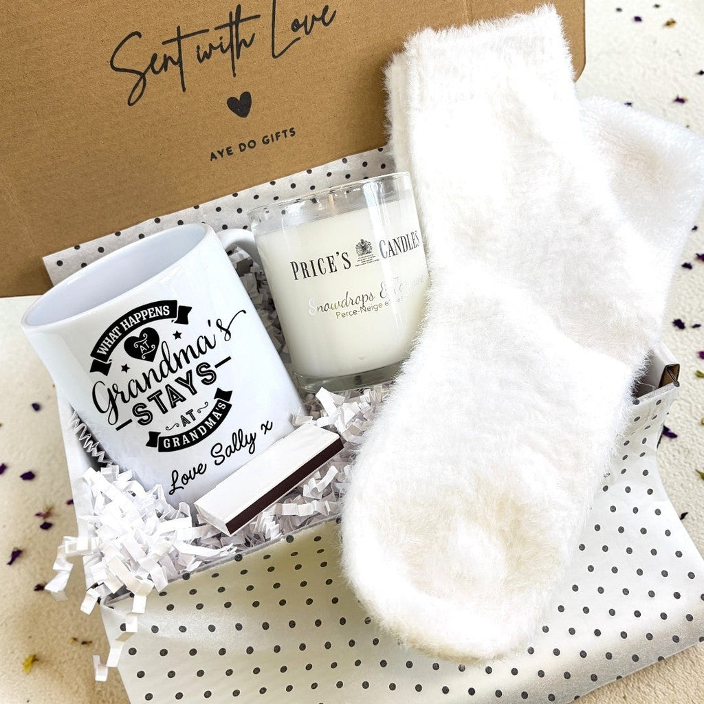 Personalised Grandma gift hamper with custom printed ceramic mug, scented wax candle, matches, and fluffy socks