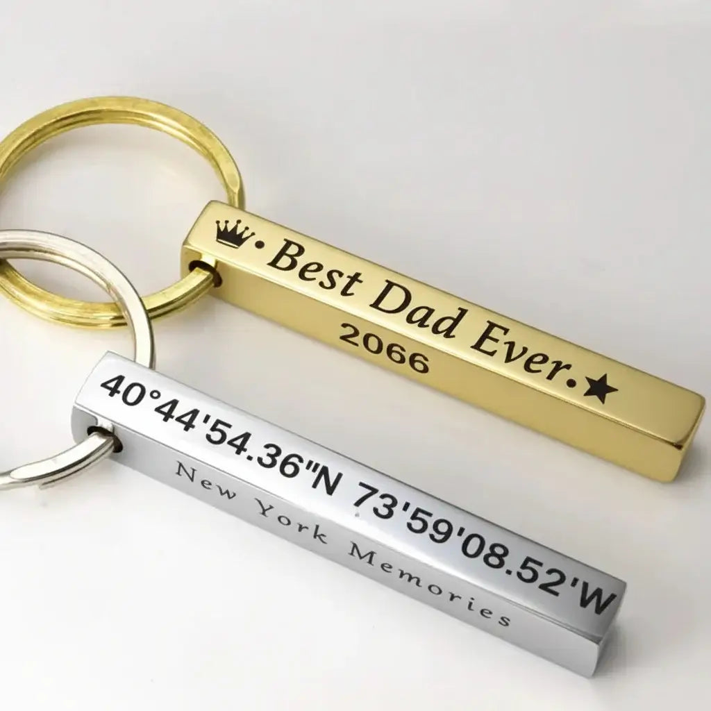 Personalized 3D bar keychain in matte black stainless steel with four-sided custom text engraving — view 2