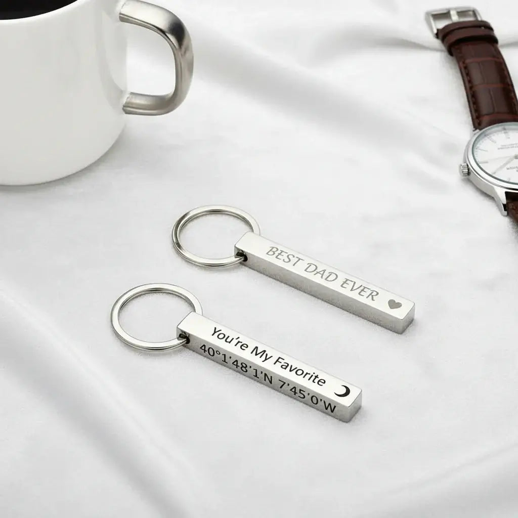 Personalized 3D bar keychain in matte black stainless steel with four-sided custom text engraving — view 3