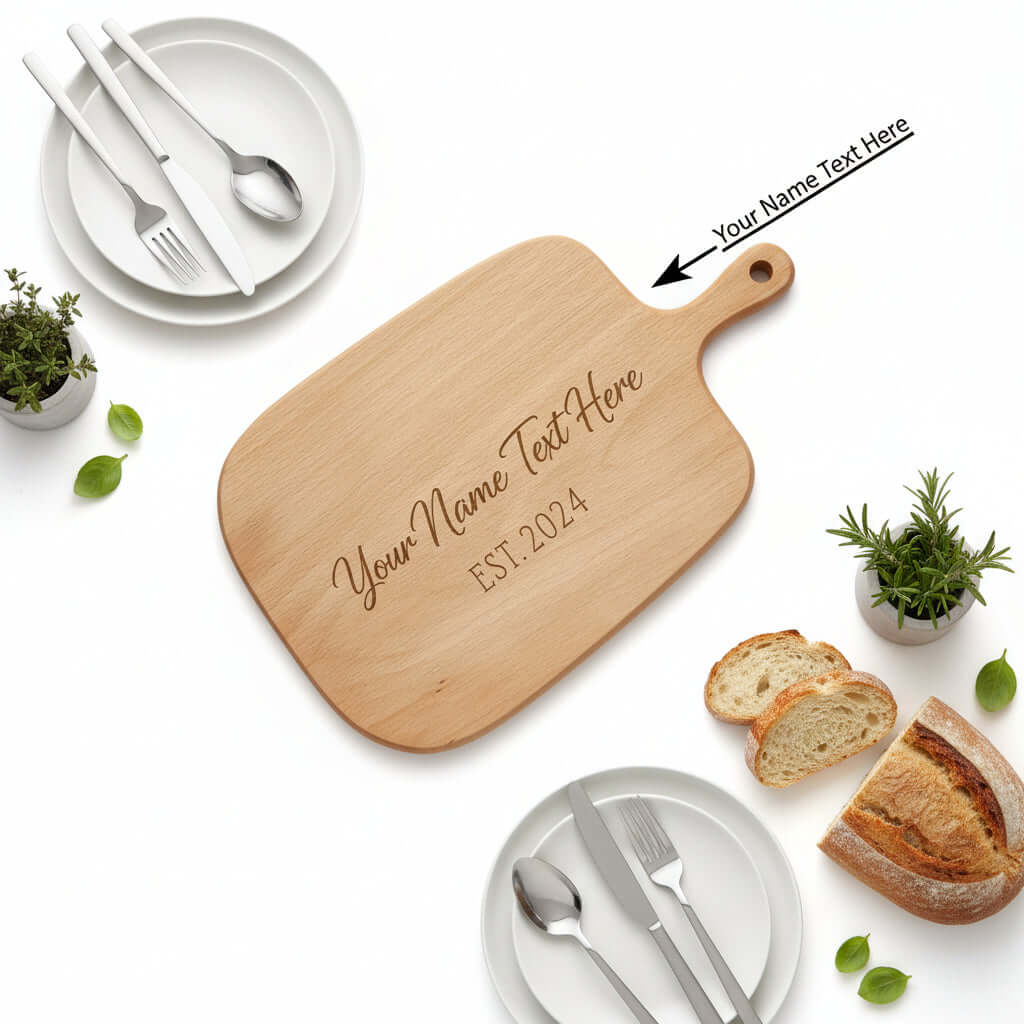 Personalized chopping board made of natural wood in an irregular shape with custom text engraving.