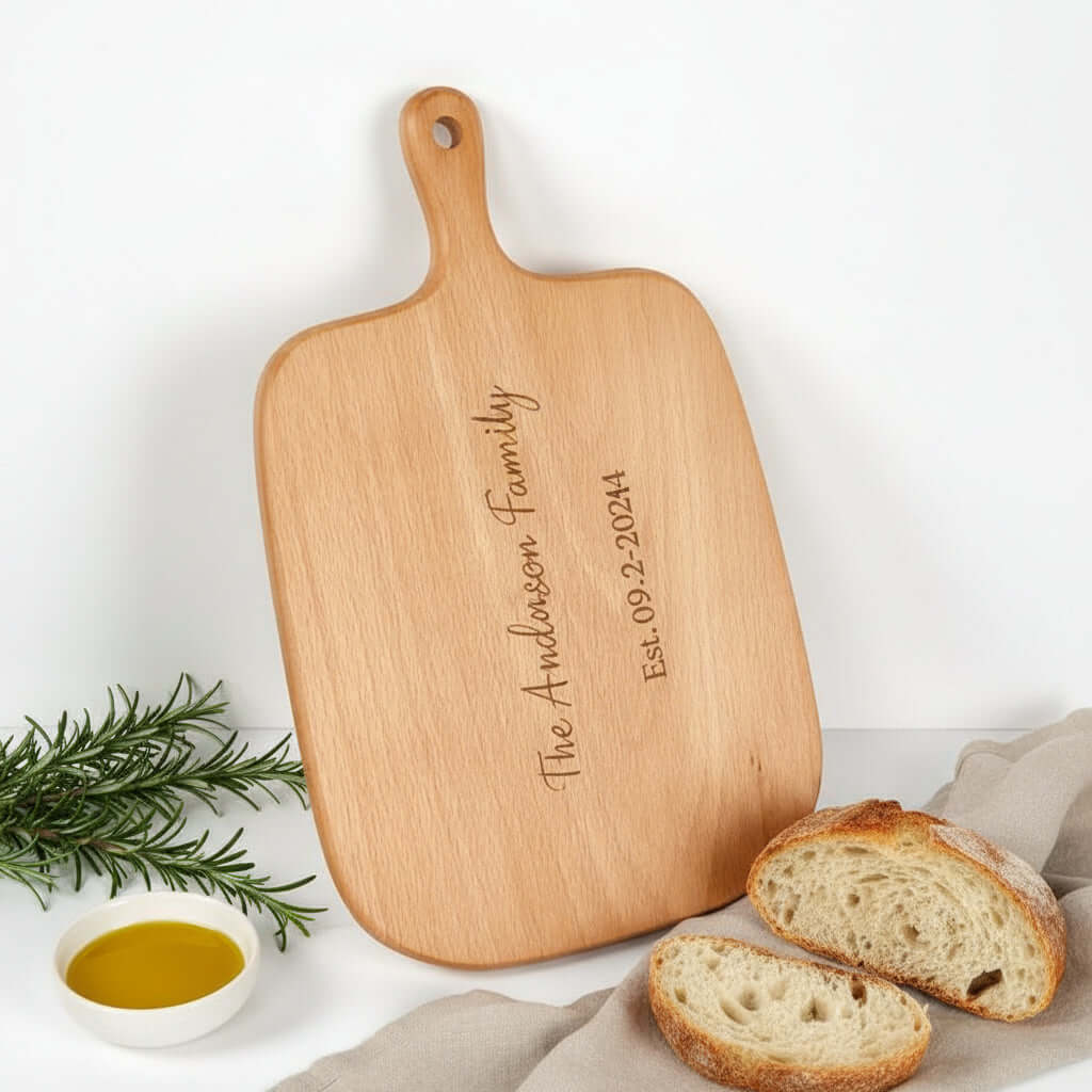 Personalized chopping board made of natural wood in an irregular shape with custom text engraving. — view 3