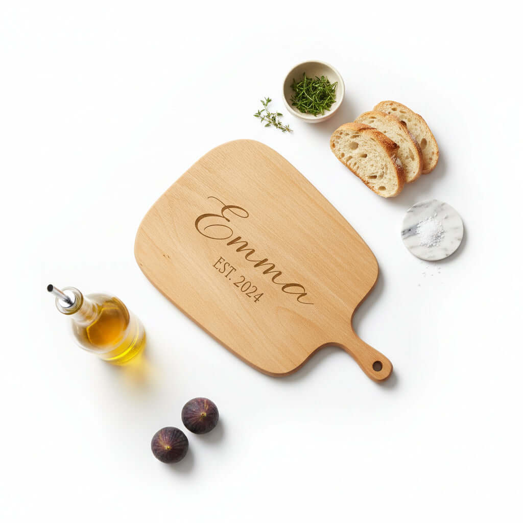 Personalized chopping board made of natural wood in an irregular shape with custom text engraving. — view 4