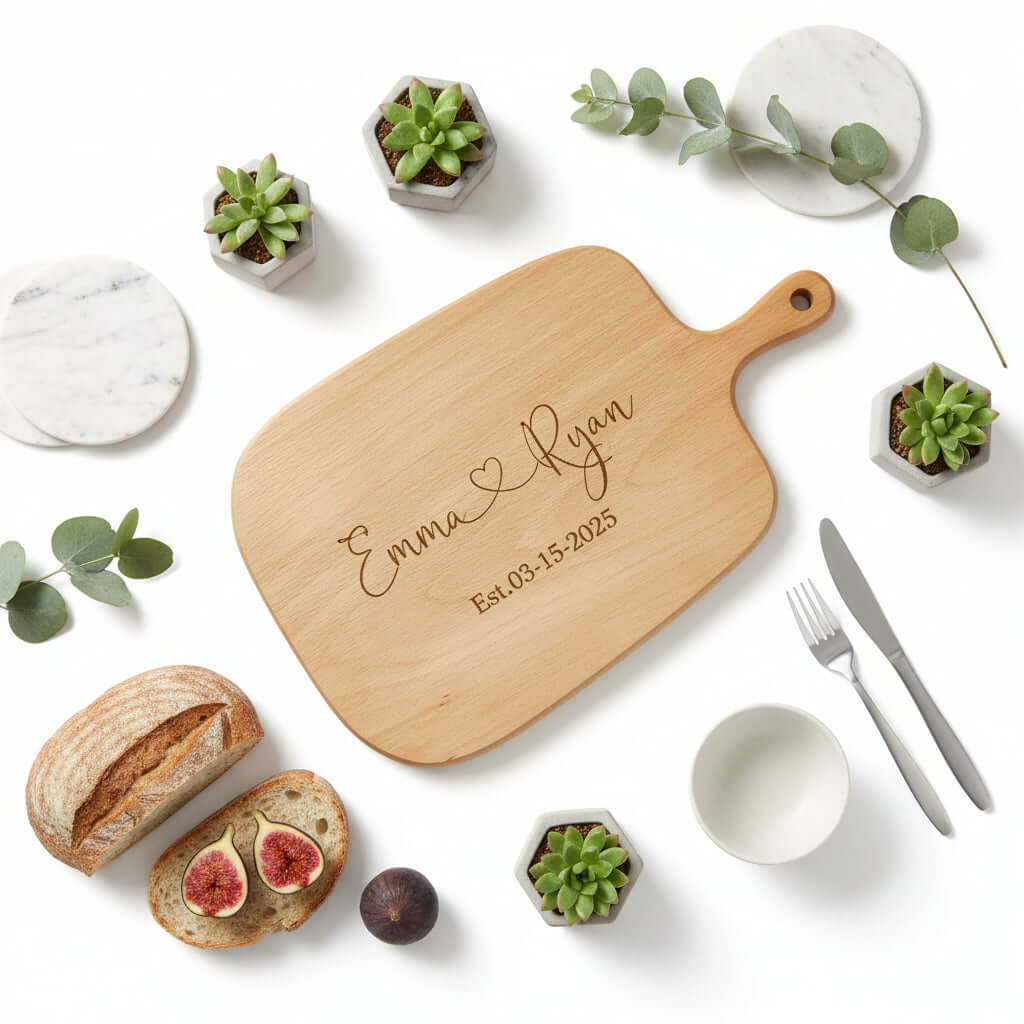 Personalized chopping board made of natural wood in an irregular shape with custom text engraving. — view 5