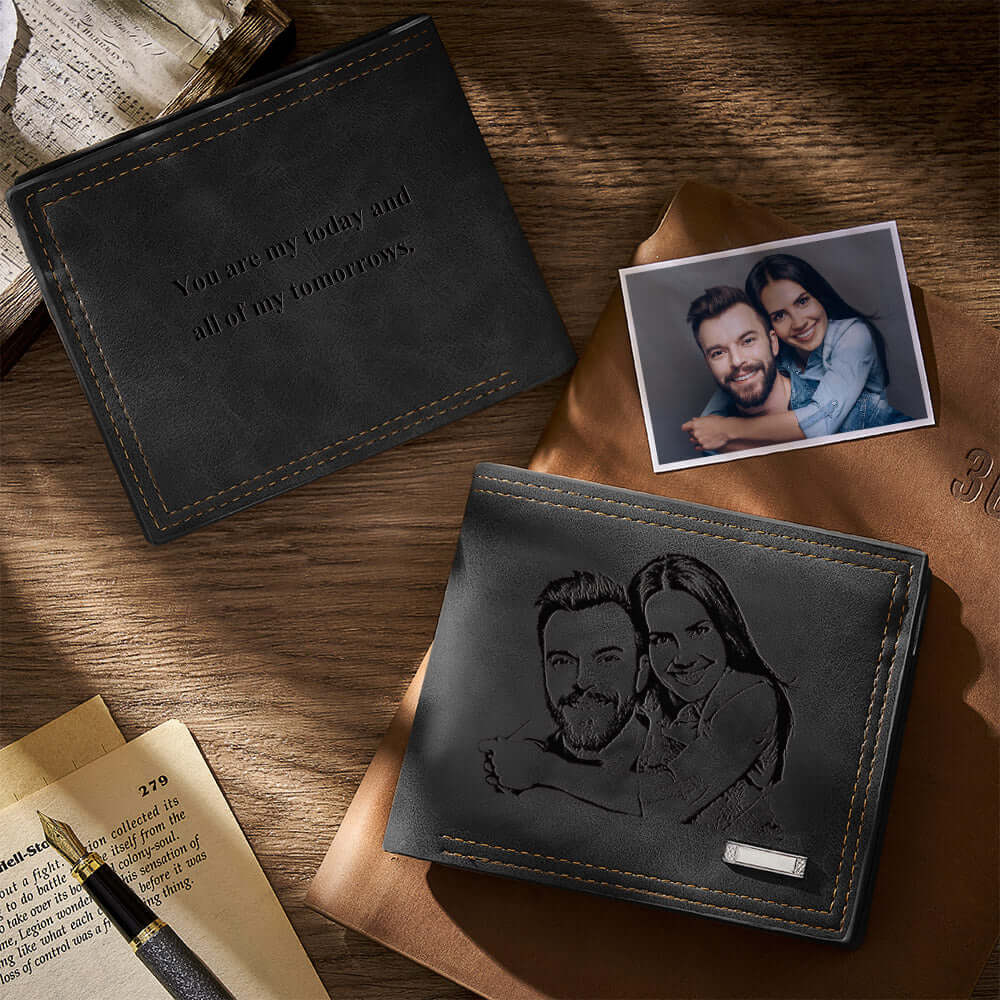 Personalized men's PU leather wallet featuring a custom engraved memorial photograph on the front — view 5