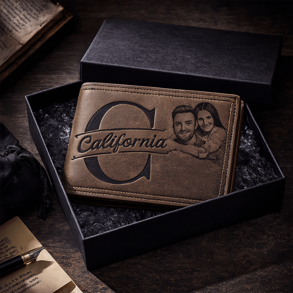 Personalized men's PU leather wallet featuring a custom engraved memorial photograph on the front — view 3