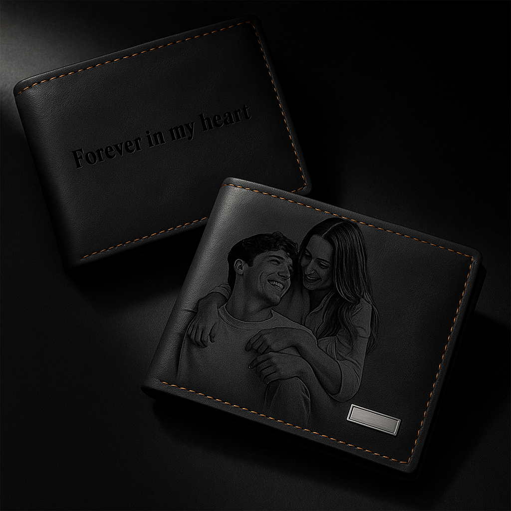 Personalized men's PU leather wallet featuring a custom engraved memorial photograph on the front — view 4