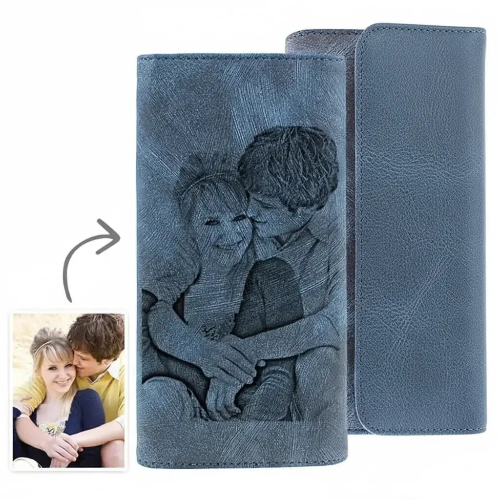 Personalized photo engraved women's vegan leather wallet featuring a secure trifold design and hasp closure.