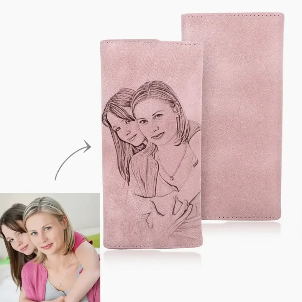 Personalized photo engraved women's vegan leather wallet featuring a secure trifold design and hasp closure. — view 2