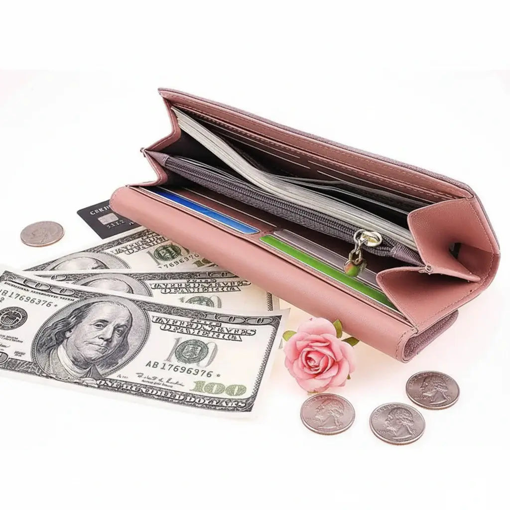 Personalized photo engraved women's vegan leather wallet featuring a secure trifold design and hasp closure. — view 4