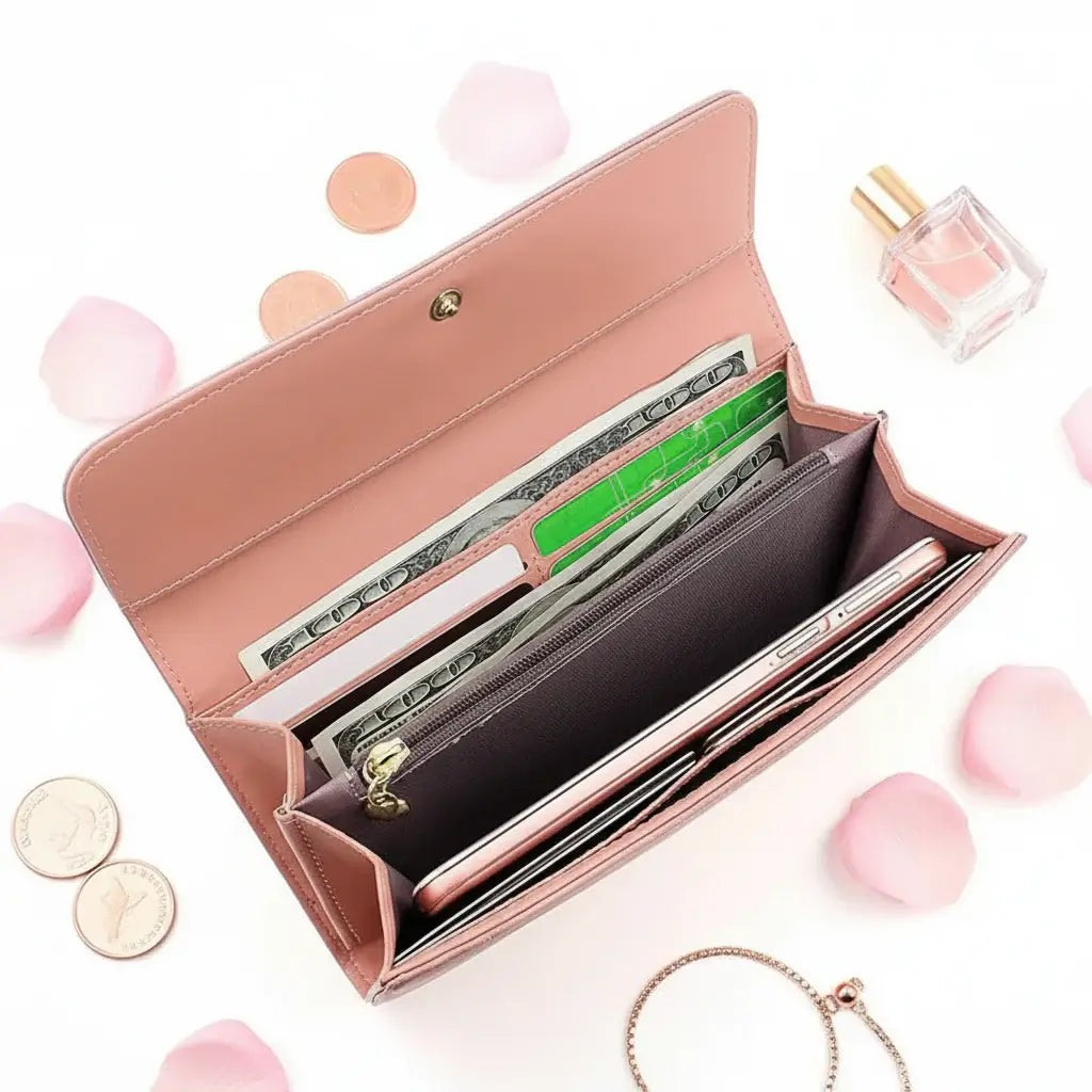 Personalized photo engraved women's vegan leather wallet featuring a secure trifold design and hasp closure. — view 5