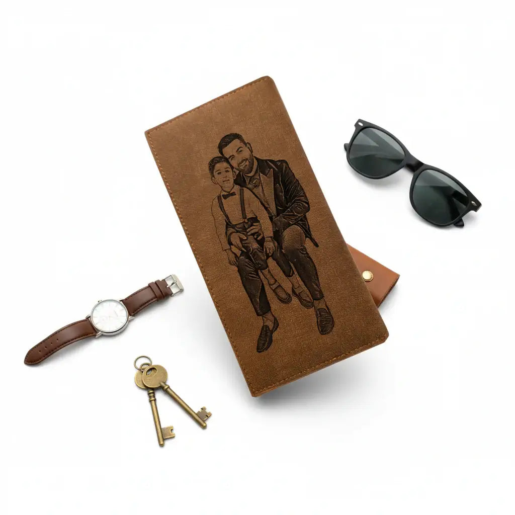 Personalized photo engraved vegan leather vertical trifold wallet with custom portrait and card slots
