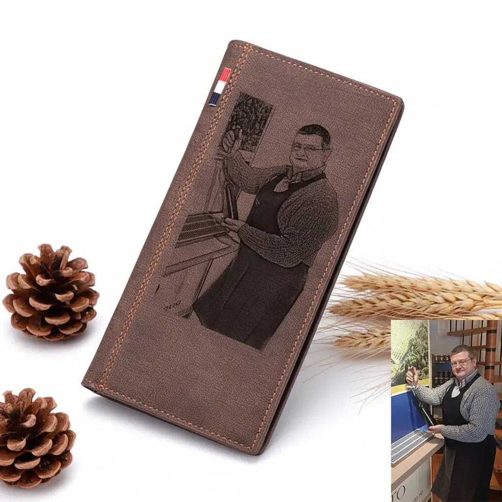 Personalized photo engraved vegan leather vertical trifold wallet with custom portrait and card slots — view 2