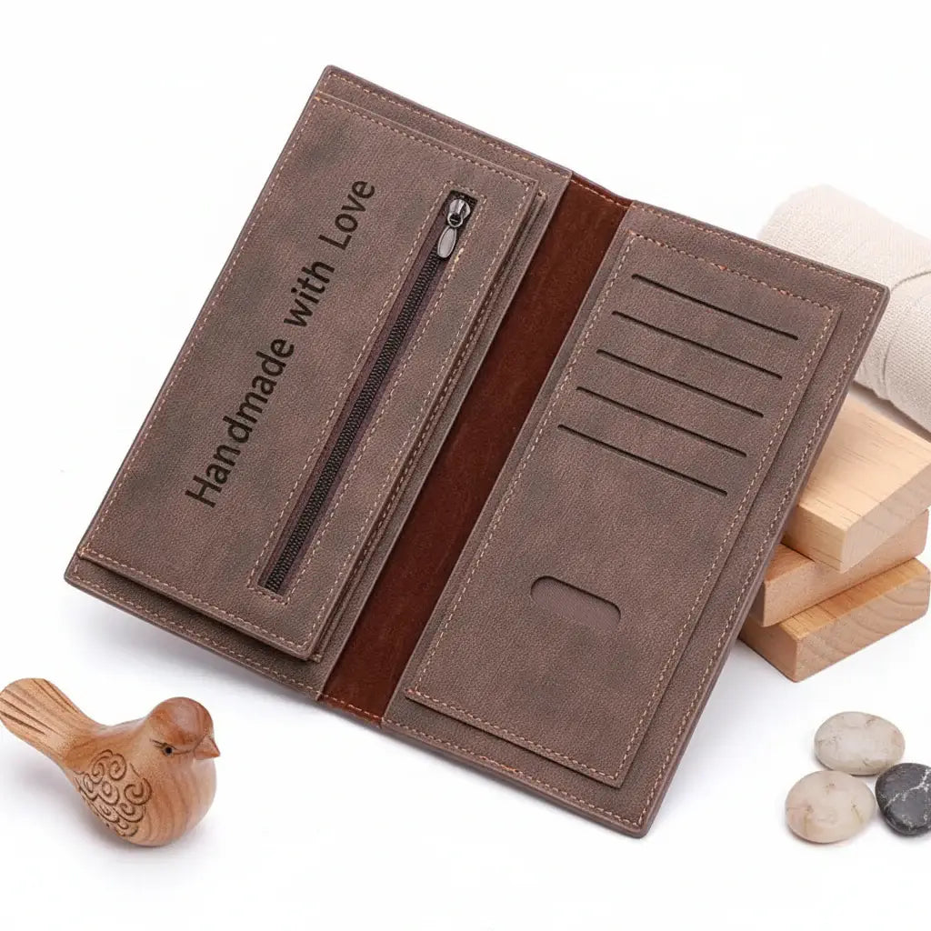 Personalized photo engraved vegan leather vertical trifold wallet with custom portrait and card slots — view 3