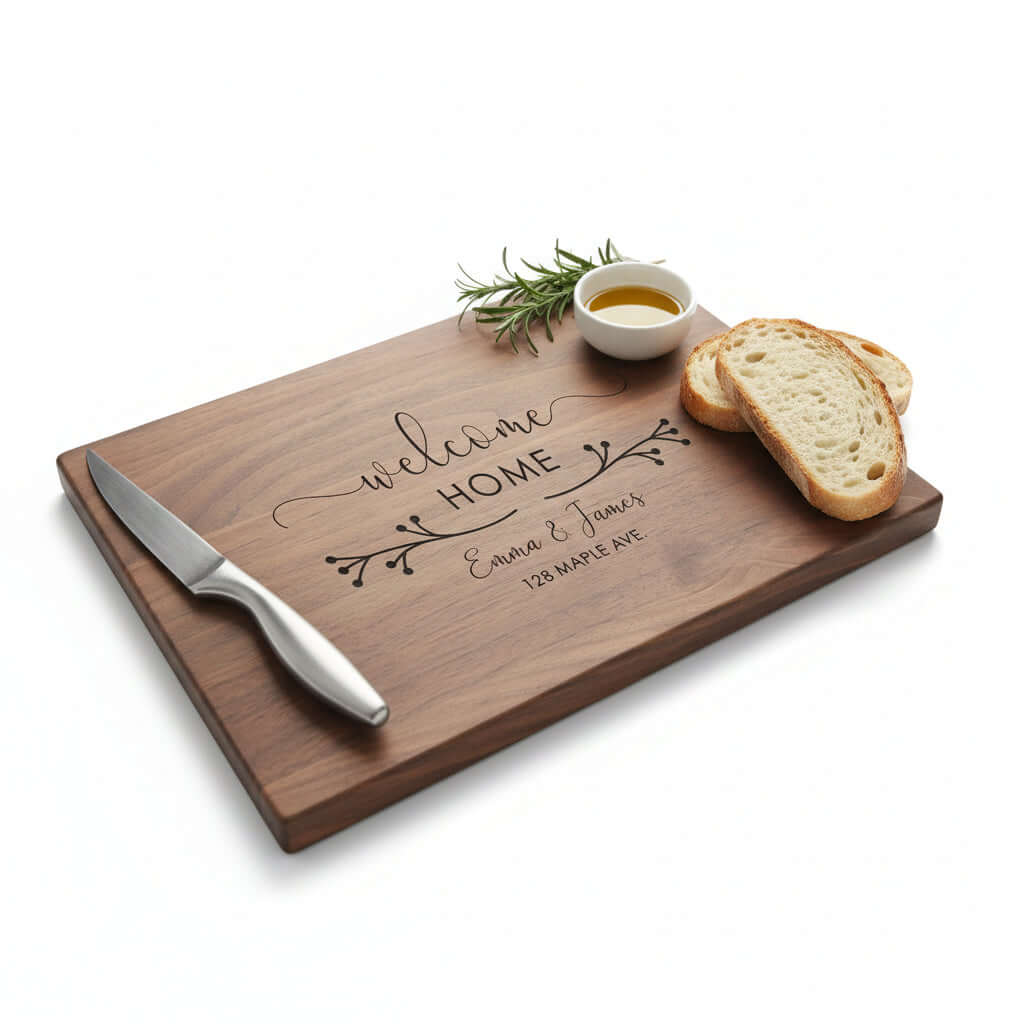 Personalized dark walnut wood cutting board with custom engraving resting on a modern kitchen counter — view 2