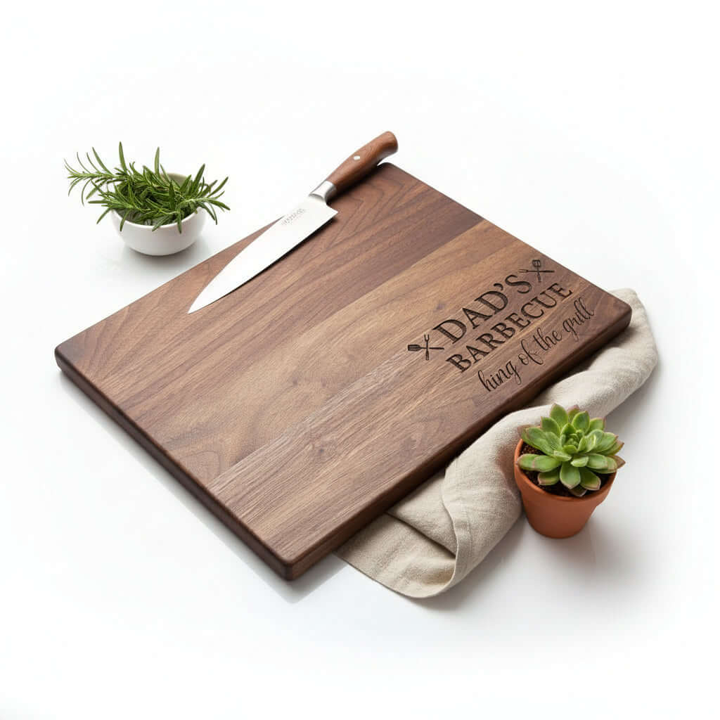 Personalized dark walnut wood cutting board with custom engraving resting on a modern kitchen counter — view 3