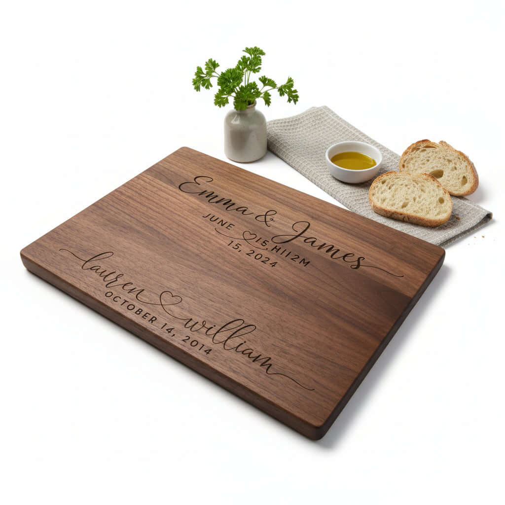 Personalized dark walnut wood cutting board with custom engraving resting on a modern kitchen counter — view 4