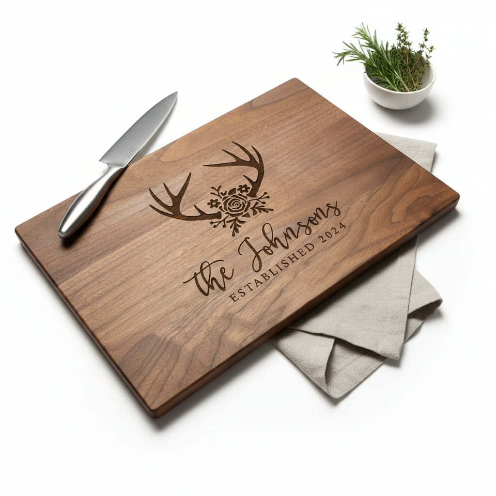 Personalized dark walnut wood cutting board with custom engraving resting on a modern kitchen counter — view 5