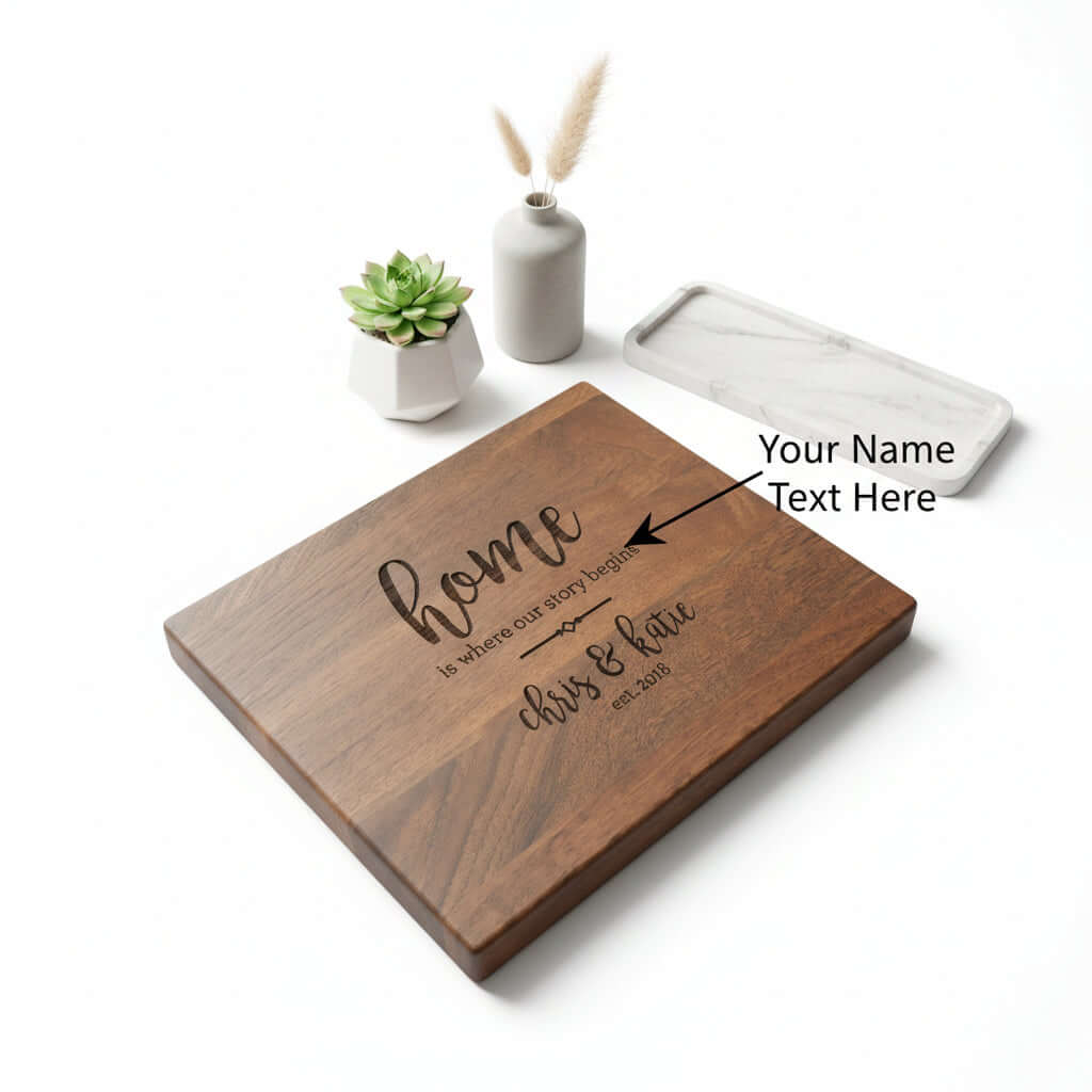 Personalized walnut wood cutting board with custom engraving used for kitchen prep and serving food