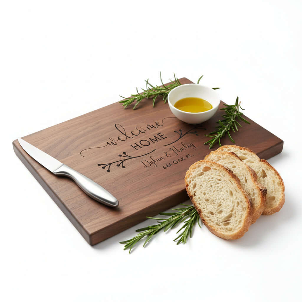 Personalized walnut wood cutting board with custom engraving used for kitchen prep and serving food — view 2