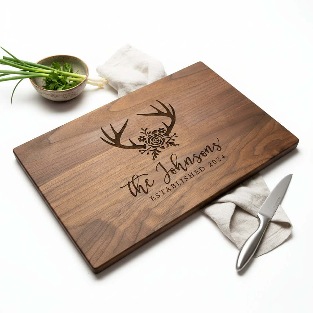 Personalized walnut wood cutting board with custom engraving used for kitchen prep and serving food — view 3