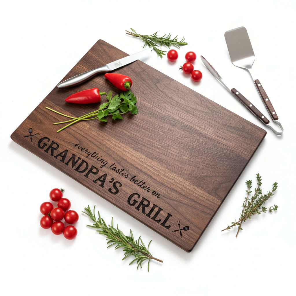 Personalized walnut wood cutting board with custom engraving used for kitchen prep and serving food — view 4