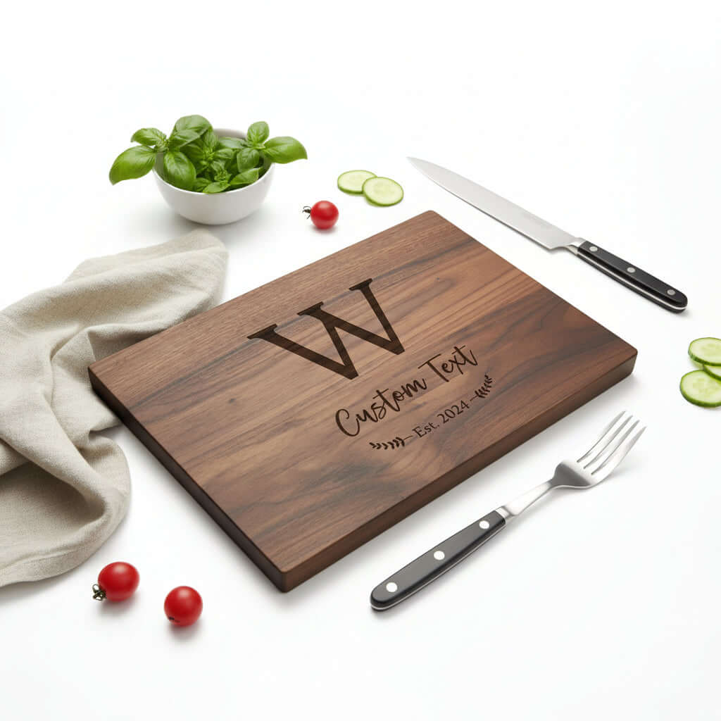 Personalized walnut wood cutting board with custom engraving used for kitchen prep and serving food — view 5