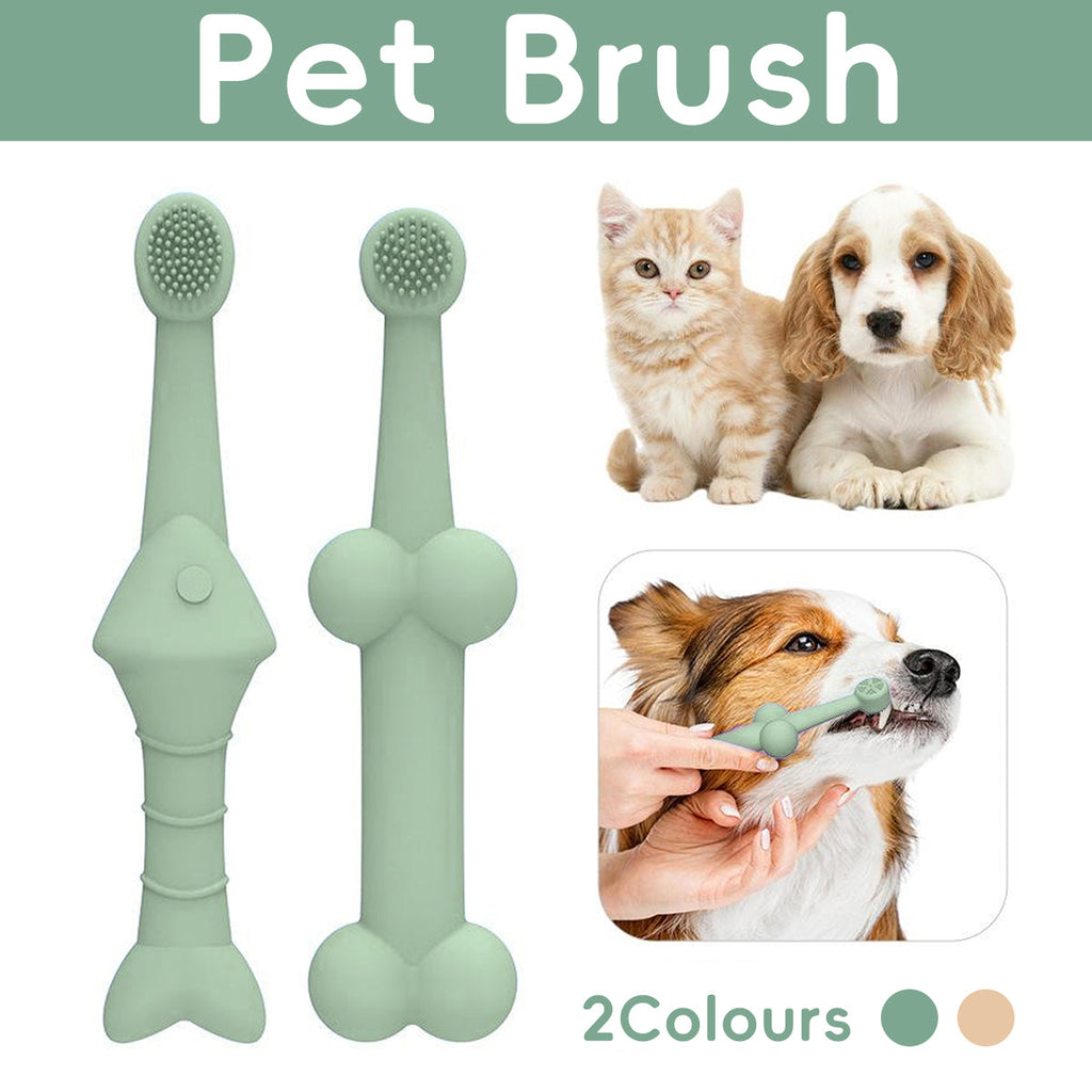 Two double-sided silicone pet toothbrushes in green and yellow for dog and cat dental hygiene