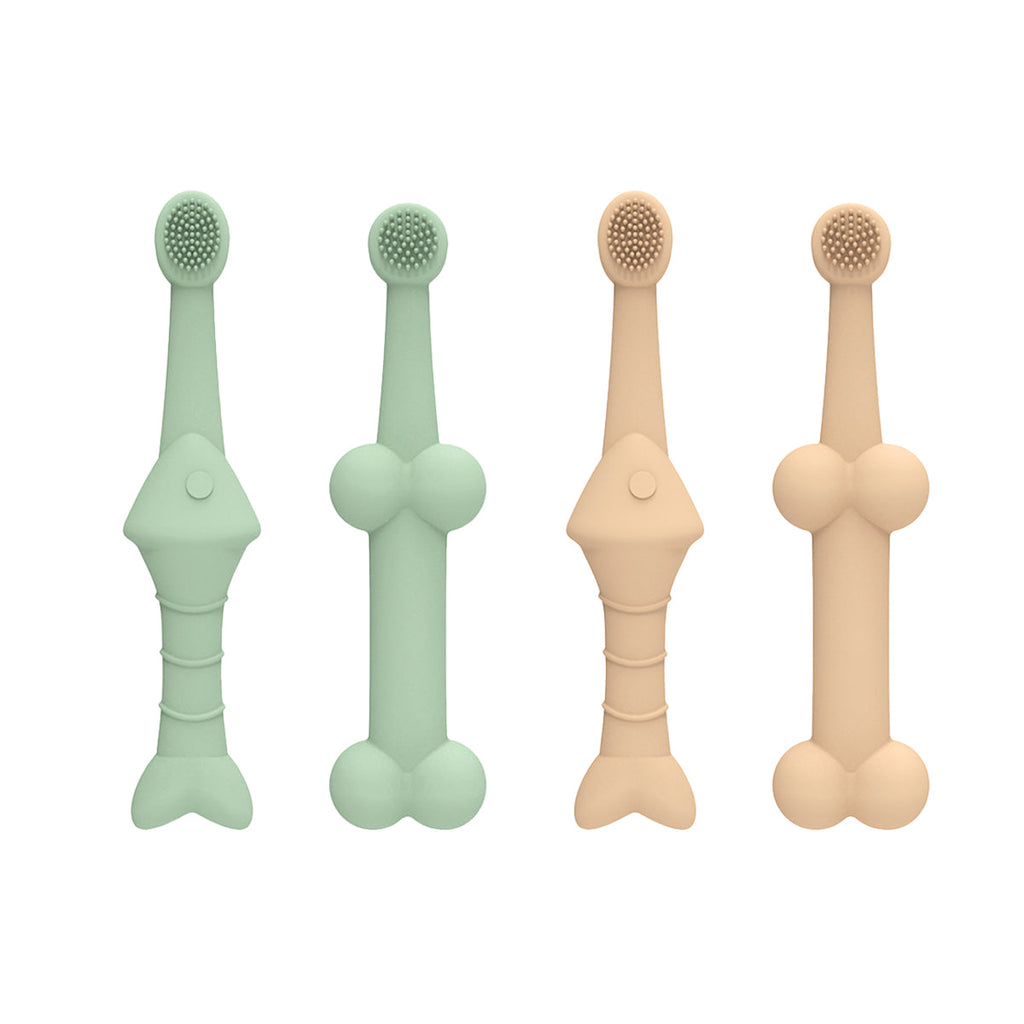 Two double-sided silicone pet toothbrushes in green and yellow for dog and cat dental hygiene — view 2
