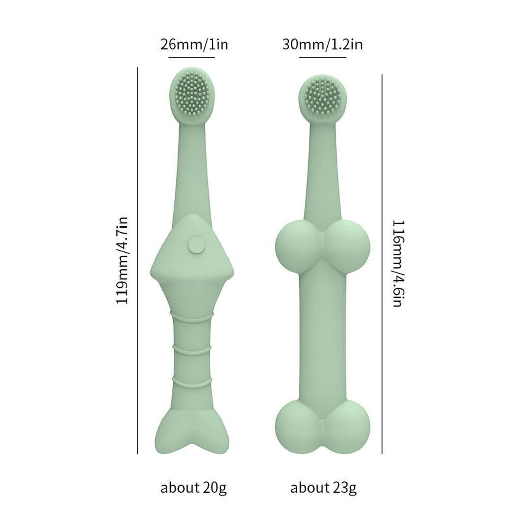 Two double-sided silicone pet toothbrushes in green and yellow for dog and cat dental hygiene — view 3