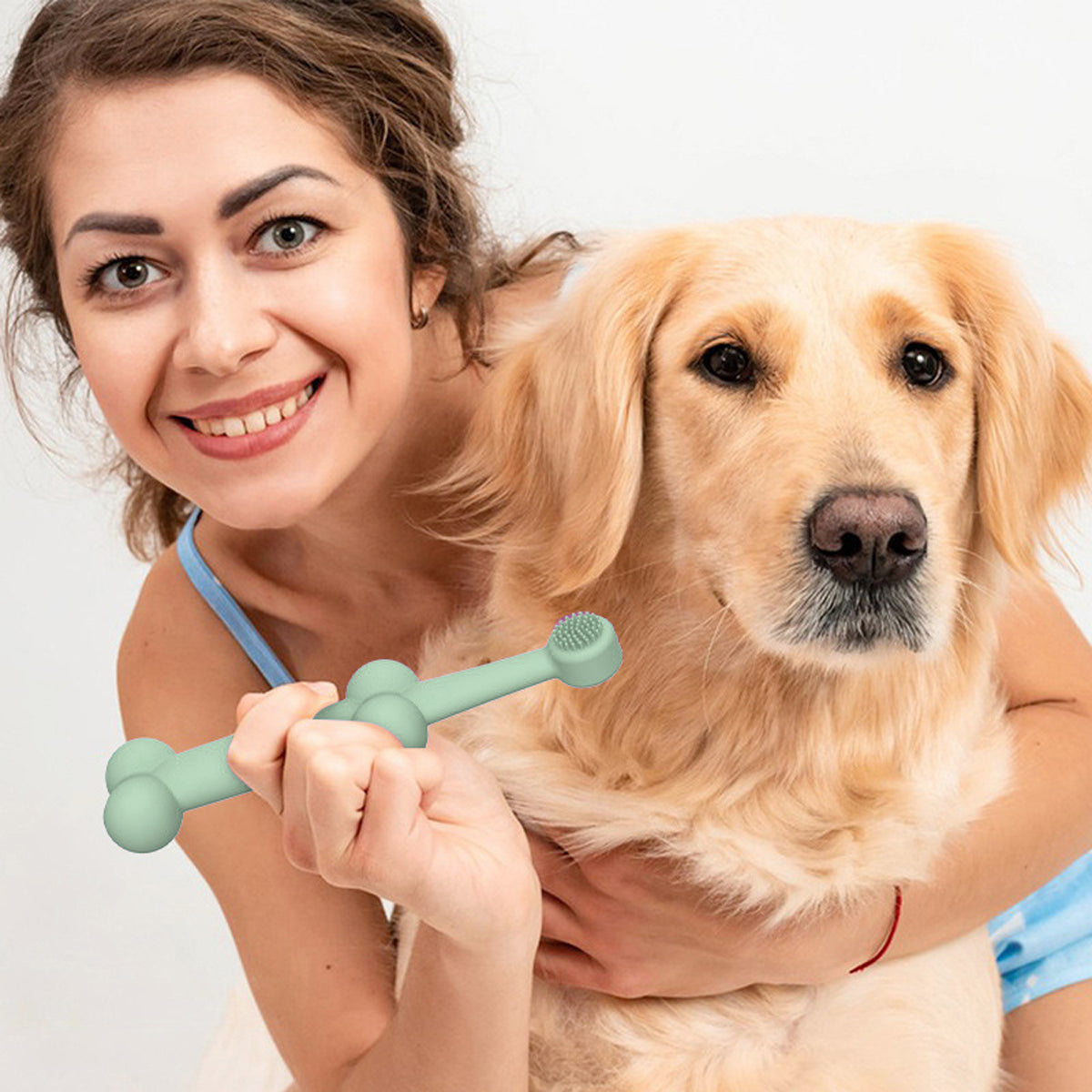 Two double-sided silicone pet toothbrushes in green and yellow for dog and cat dental hygiene — view 5