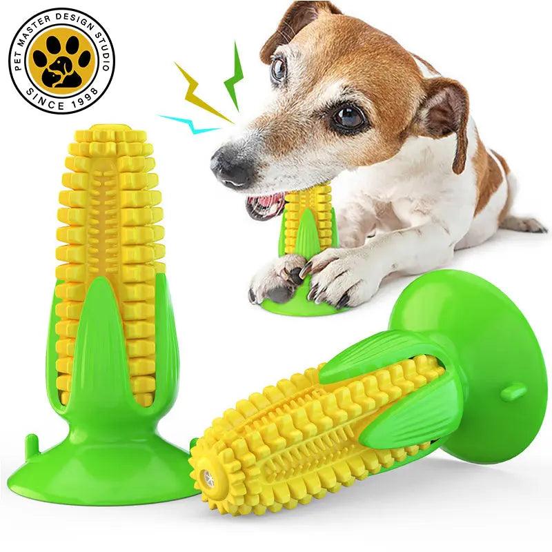 Bright yellow corn shaped rubber squeaky chew dog toy for dental health and interactive play