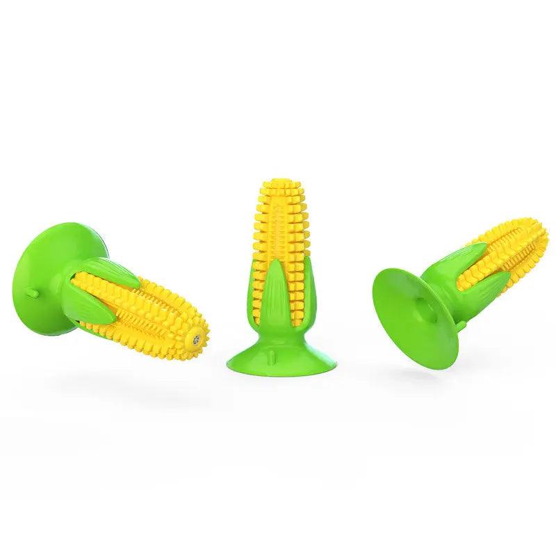 Bright yellow corn shaped rubber squeaky chew dog toy for dental health and interactive play — view 3