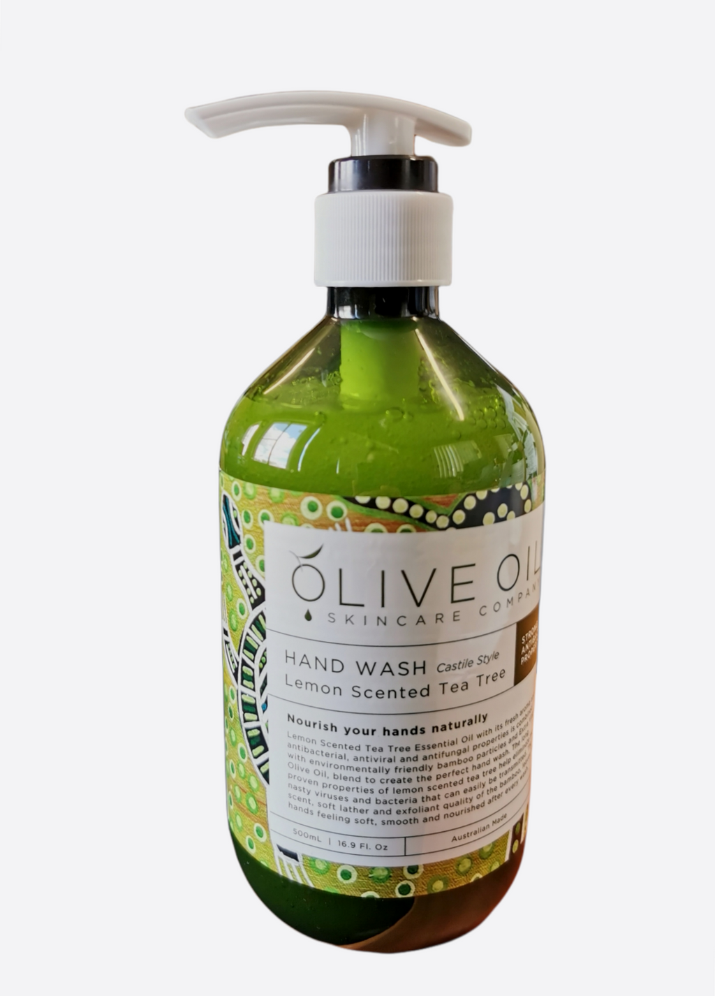 Lemon tea tree castile hand wash 500ml bottle with pump dispenser by Olive Oil Skincare — view 2