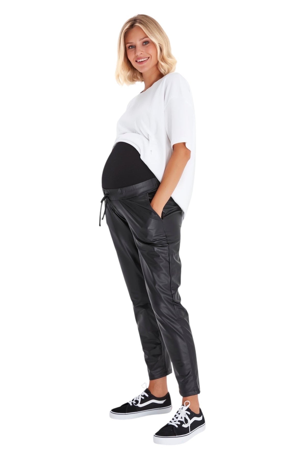 Comfy Cool Foldover Waistband Faux Leather Maternity Jogger Pants-1