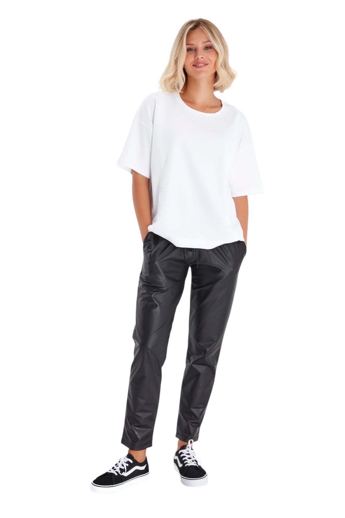 Comfy Cool Foldover Waistband Faux Leather Maternity Jogger Pants-2