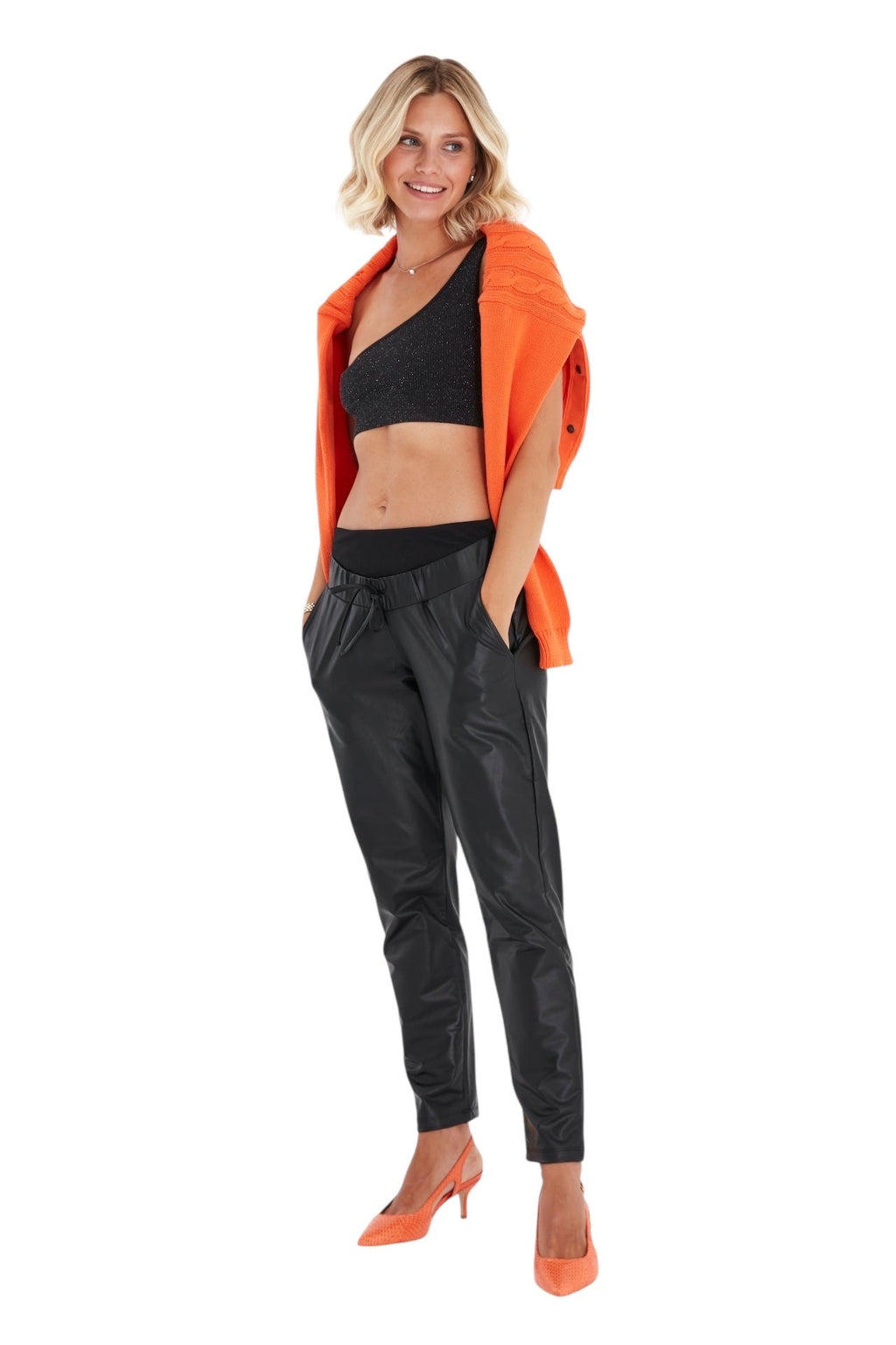 Comfy Cool Foldover Waistband Faux Leather Maternity Jogger Pants-4